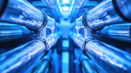 Close-up of illuminated transparent pipes in a blue setting.