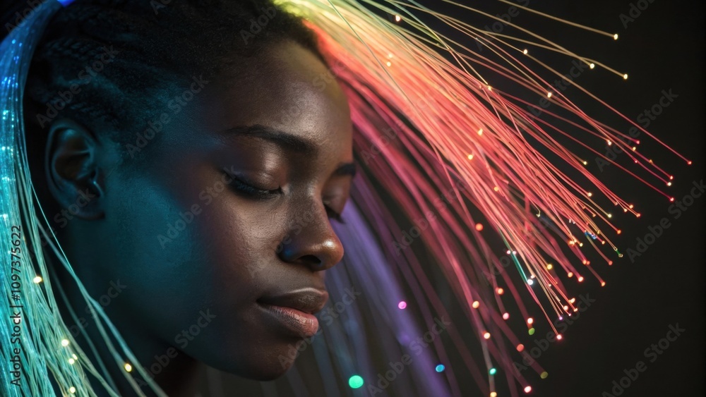 Aufkleber a serene expression is highlighted by multicolored fiber optic strands weaving through the hair and 