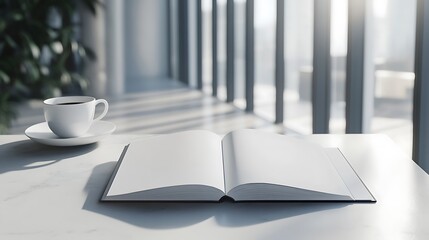 Open book and coffee cup on a table near a window