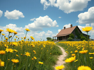 Field of yellow wildflowers with a quaint farmhouse in the background, rural view, blossoming, country living, scenic beauty, nature background