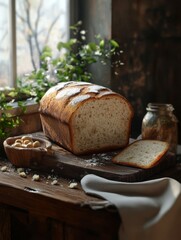 Bakery scene, French bread, whole wheat bread in the kitchen.