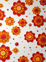 Geometric shapes in yellow and red hues scattered across a white background with random dot patterns, colorful shapes, modern aesthetic, artistic effect, red geometric