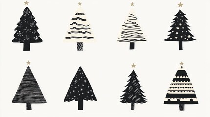 Obraz premium Monochrome Christmas trees in black and white with diverse shapes and minimalist design artistic festive illustration for modern holiday style and elegance