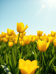 Obraz premium Golden sunlight shining on blooming yellow tulips, nature, petals, macro, field, golden hour