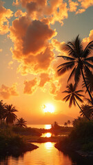 Golden sunset sky over lush green tropical landscape, golden, lush, sky