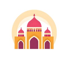 A Stylized Illustration of a Mosque with Pink and Yellow Tones