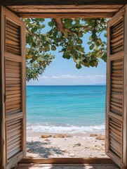 The beach viewed through an open window with wooden shutters offering a serene coastal view