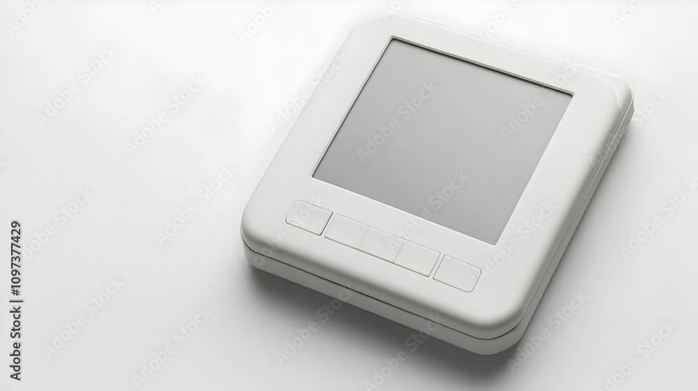 Wall mural white square digital device with blank screen and buttons on white background.