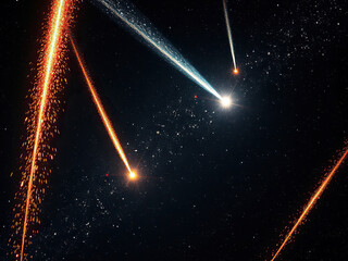 High-resolution image of a meteor shower in outer space, galaxy background, bright colors, asteroids