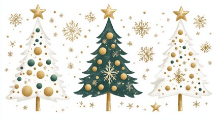 Obraz premium Decorative geometric Christmas trees adorned with golden ornaments and intricate patterns set against a dark background highlighting a balance of tradition and modern style