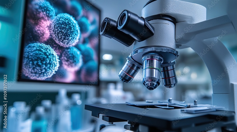 Poster a bacteria is viewed through an electron microscope, with a large display screen in a laboratory.