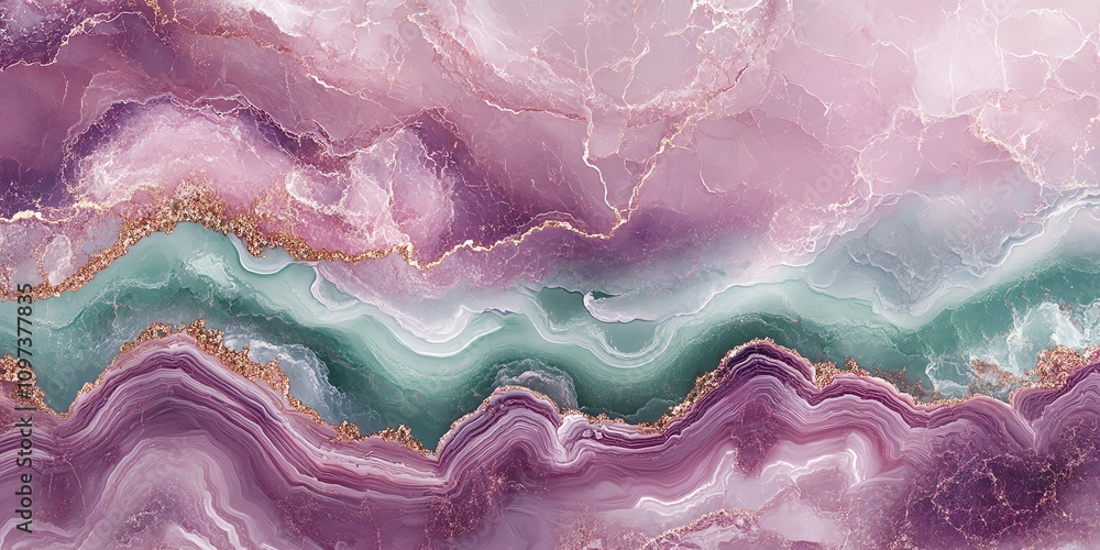 Poster abstract agate pattern with shades of pink, green, and white, creating a soothing visual effect.