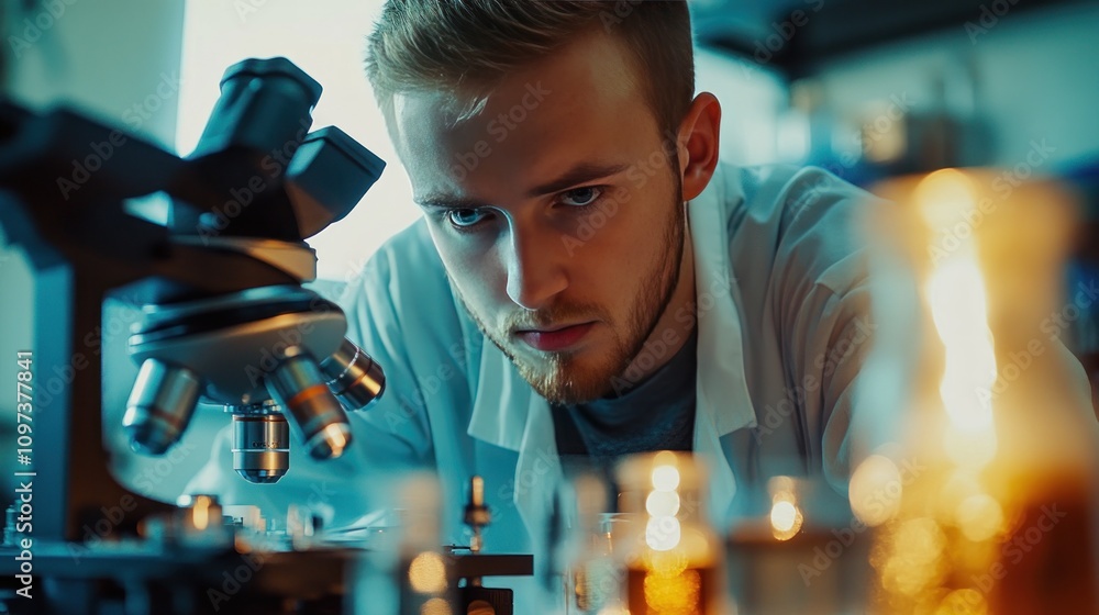 Poster a biologist studying cellular structures under a high-magnification microscope in a brightly lit lab