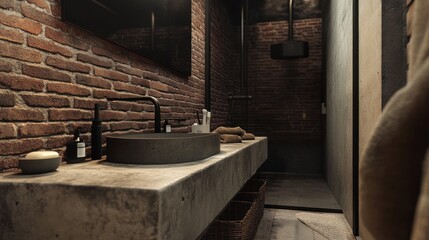Modern Industrial Bathroom Design With Brick Wall