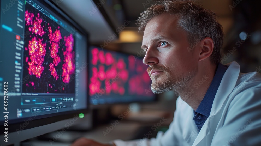 Poster a biophysicist studies the movement of molecules in cells, displaying the results on a 3d monitor.