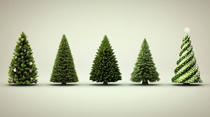 Obraz premium Assortment of lush green pine and fir trees in varying shapes and textures set on a natural earthy toned background