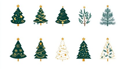 Obraz premium Collection of six illustrated Christmas trees in different styles combined with botanical elements on a soft pastel background