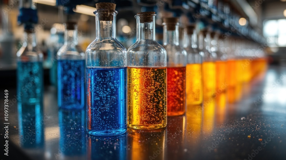 Aufkleber a close-up of colorful bottles of chemicals on a chemistry lab table. scientists observing the react