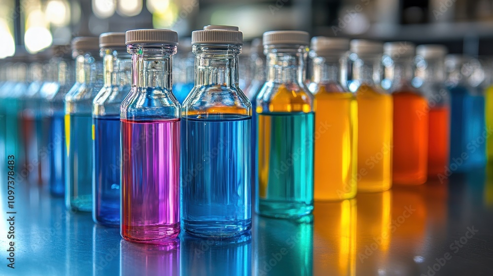 Poster a close-up of colorful bottles of chemicals on a chemistry lab table. scientists observing the react