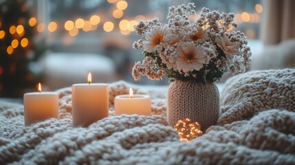 Fototapeta premium Cozy Winter Scene With Flowers Candles And Lights