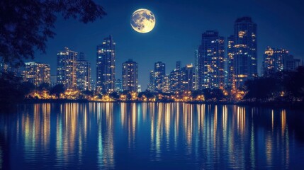 Fototapeta premium Serene Night Cityscape Reflection with Full Moon Illuminating Skyscrapers and Calm Water Surface in Urban Landscape