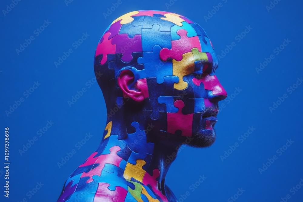 Poster colorful puzzle pieces forming a human head on a blue background symbolizing problem solving individ
