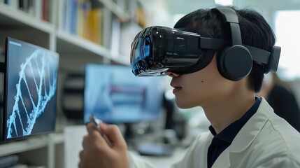 A geneticist using a virtual reality headset to simulate DNA manipulation for research purposes