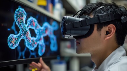 A geneticist using a virtual reality headset to simulate DNA manipulation for research purposes