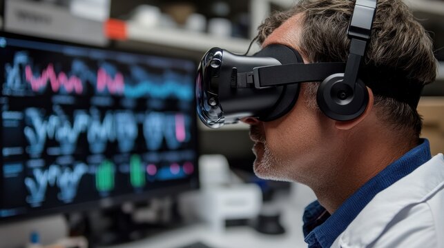 A geneticist using a virtual reality headset to simulate DNA manipulation for research purposes
