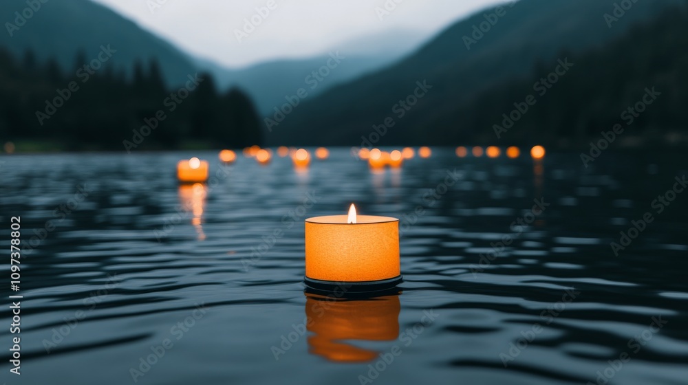 Poster candles on the water: a serene and atmospheric scene of floating candles illuminating the tranquil w