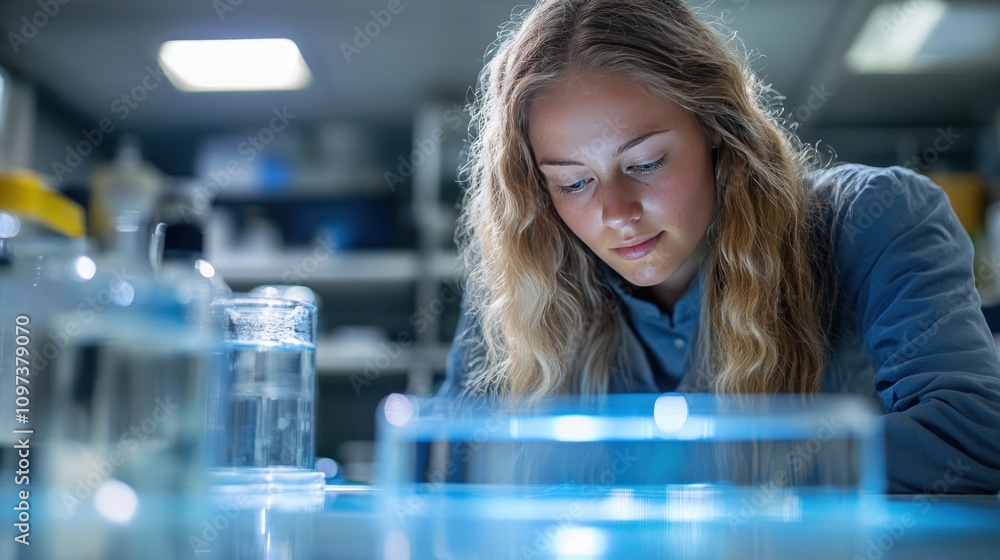 Poster a physicist is conducting an experiment on the reflection and refraction of light in water on a lab 