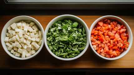 Fresh Ingredients Ready to Cook: Three white bowls, each containing a different ingredient - diced cheese, chopped basil, and diced tomatoes - are arranged on a wooden cutting board.