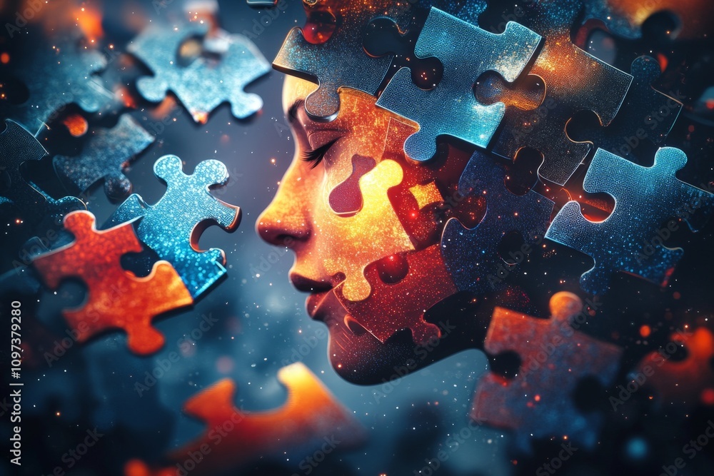 Poster face fragmented into colorful puzzle pieces representing identity self exploration and the complex l