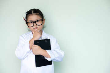 girl wear glaess think use clipboard doctor therapist healthcare disease.