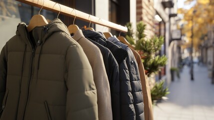 Warm winter coats hanging outside a shop on a sunny autumn day.