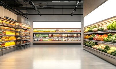 Fototapeta premium Supermarket Shelves With Blank Banners And POS Display Design. 3D rendering design. 