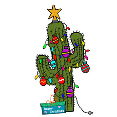 Isolated on white,Christmas cactus cartoon and gifts with Merry Christmas writing
