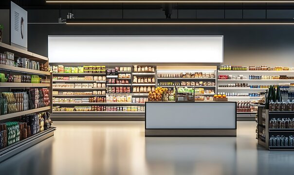  Supermarket Shelves With Blank Banners And POS Display Design. 3D rendering design. 