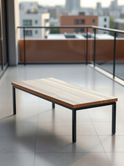 Minimalistic wooden coffee table with sleek black metal legs on balcony, clean, black, small space, apartment