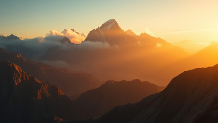Obraz premium Misted mountain peaks bathed in warm golden light as sunrise breaks over the rugged terrain, serene environments., misty mountains, mountain sunrises, sunrise over peaks