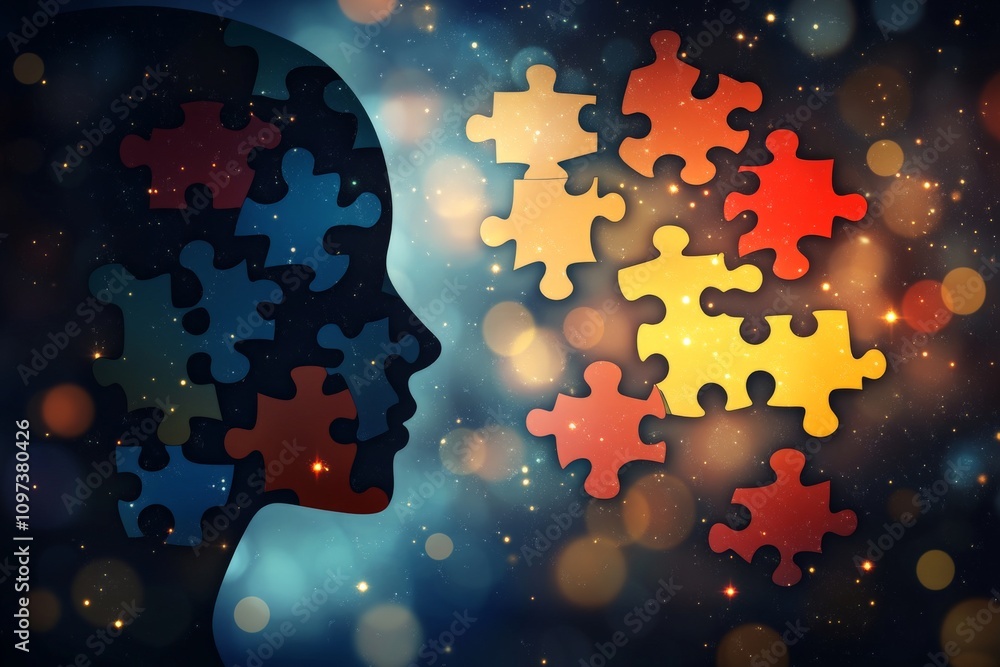 Aufkleber silhouette of two profiles composed of multicolored puzzle pieces symbolizing interpersonal connecti