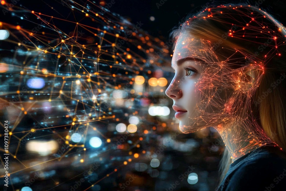 Aufkleber woman’s profile surrounded by glowing digital lines symbolizing futuristic technology neural communi