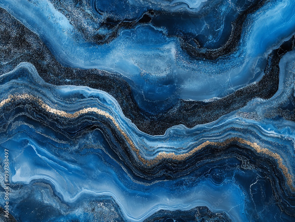 Poster Abstract blue marble texture with wavy patterns and hints of gold.