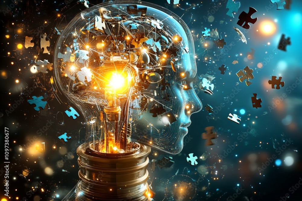 Poster profile of a glowing human head merged with a transparent light bulb and puzzle pieces symbolizing i