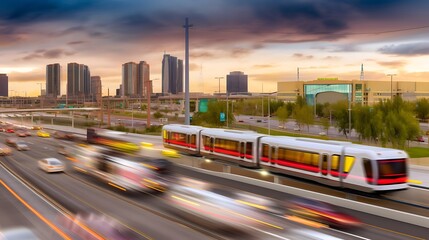 Cityscape Featuring a Modern Tram and Busy Highway at Sunset
