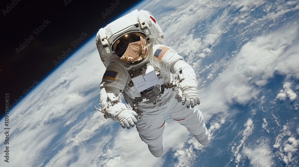 Poster an astronaut floating in space with earth in the background, capturing the vastness of the universe