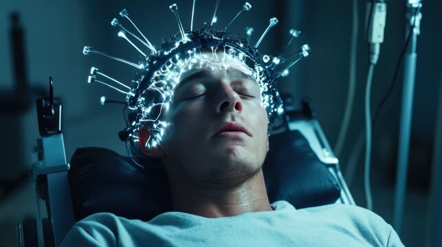 An electroencephalogram (EEG) involves neuroscientists attaching electrical sensors to a subject's head. - Powered by Adobe