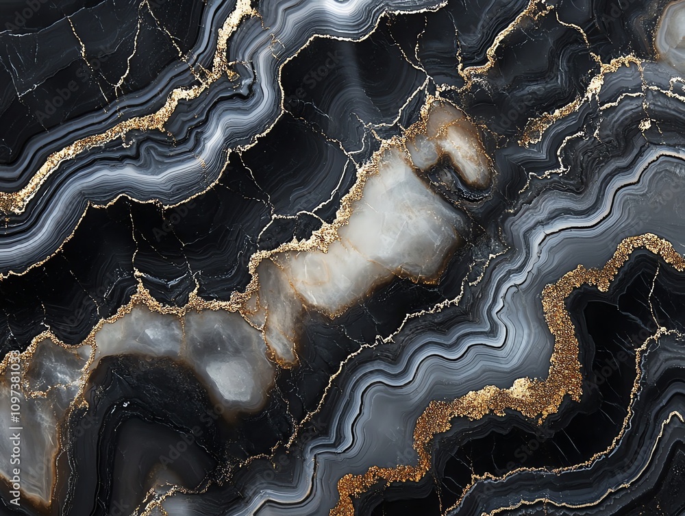 Poster a close-up of a polished black agate stone with intricate patterns and golden veins.