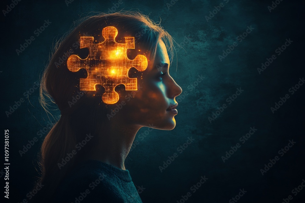 Poster female profile with glowing golden puzzle pieces symbolizing introspection mental problem solving an