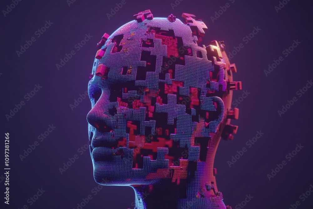 Poster glowing purple human head constructed of puzzle pieces symbolizing problem solving creative intellig